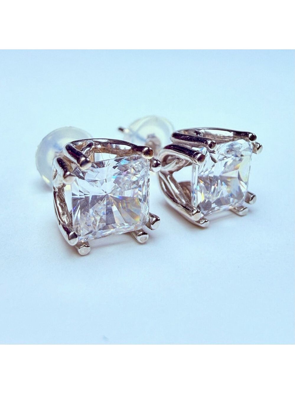 14K Solid White Gold 2 CT Solitaire Cubic Zirconia CZ Princess Cut Stud Earrings